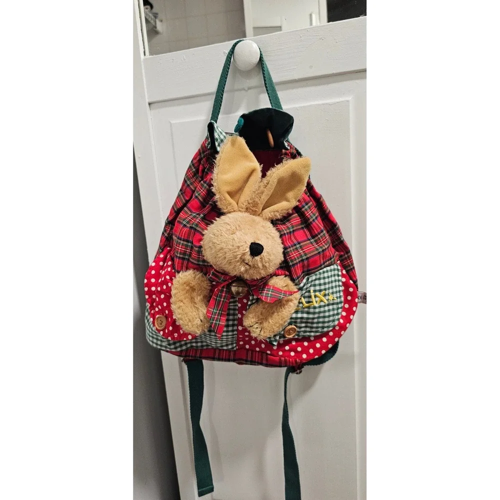 Die Spiegelburg Felix the Rabbit Plush Kids Backpack Plaid Gingham Red Green
